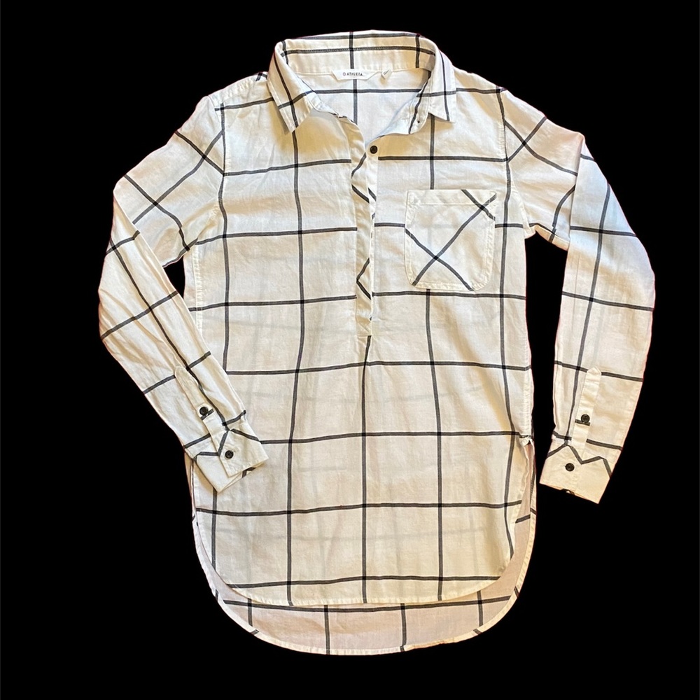 Athleta Womens Presidio Tunic Top White Gray Windowpane Button Cuff Collar